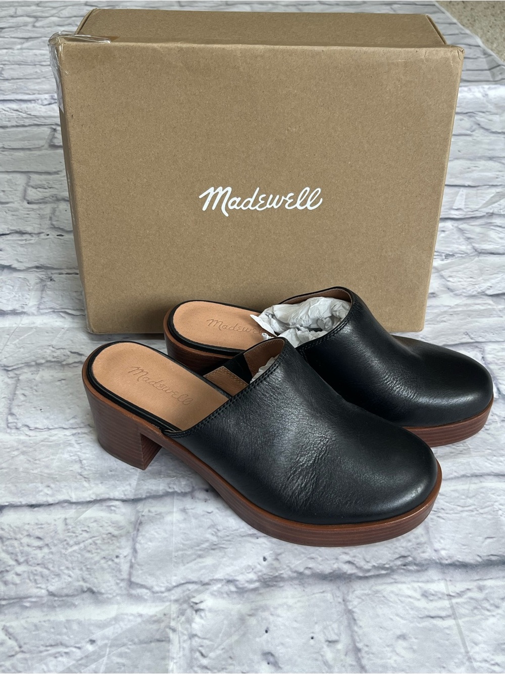 Madewell black leather Clogs mules platform wood block heel new Nib sold out 8.5